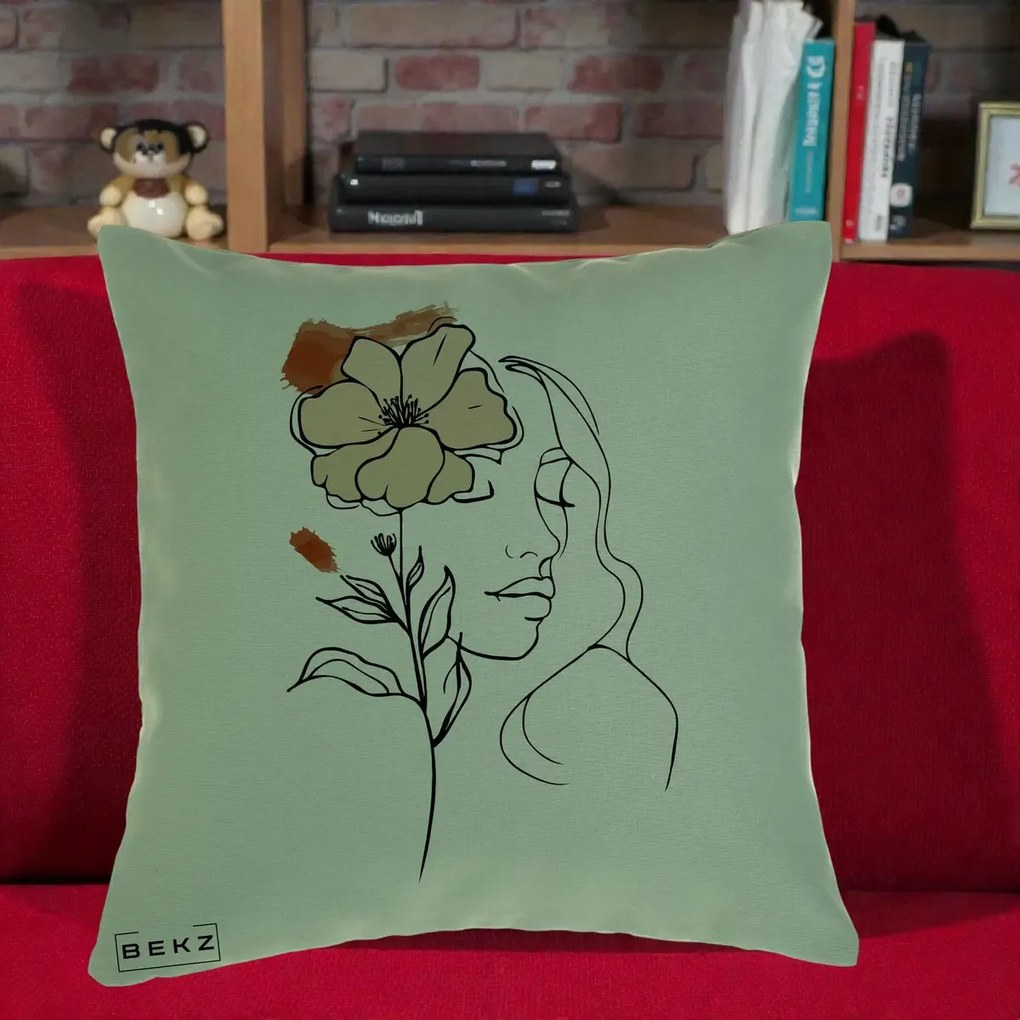 Perna Decorativa Portret Feminin Floare Bej Terracotta, 40x40 cm, Verde, Husa Detasabila, Perna Inclusa, BEKZ®
