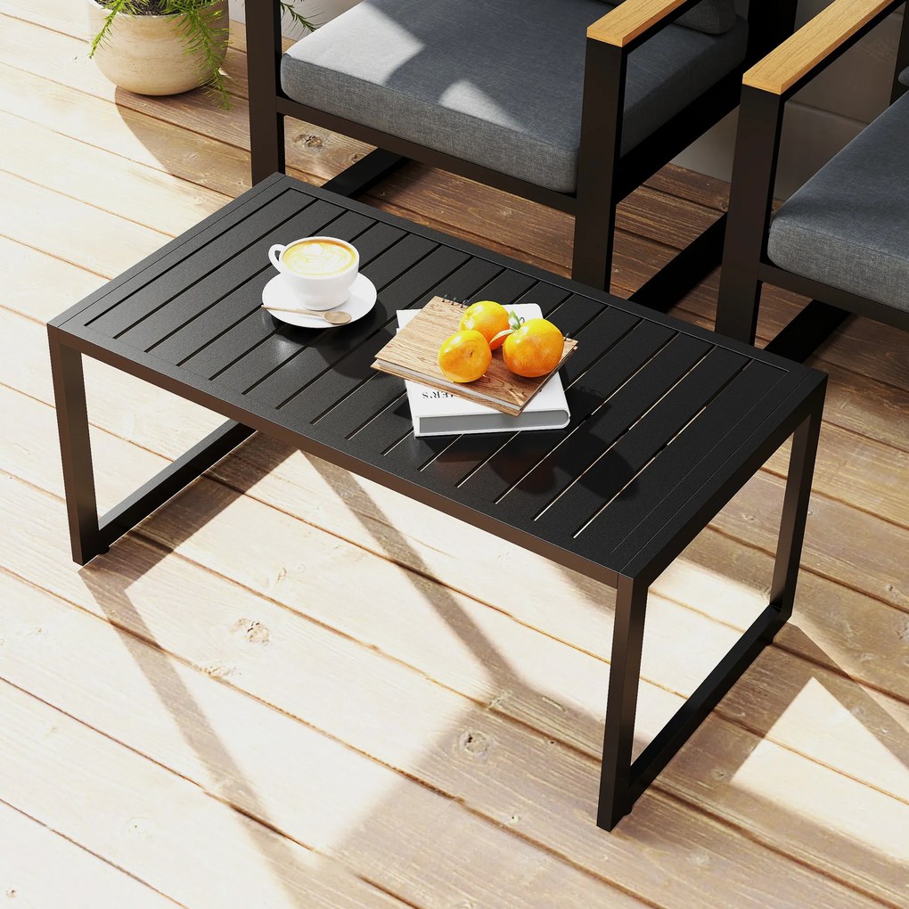 Outsunny Masă de cafea exterioară cu blat cu lamele, cadru din aluminiu, pentru balcon, terasă, 90 x 50 x 42 cm, negru | Aosom Romania