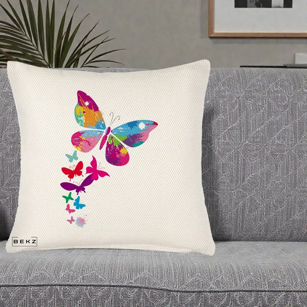 Perna Decorativa Fluturi Splash, 40x40 cm, Crem Reliefat, Husa Detasabila, Perna Inclusa, BEKZ®