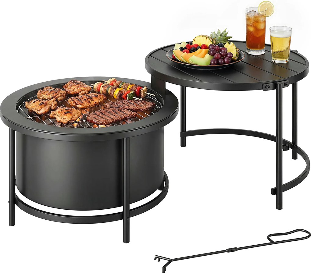 Outsunny Focar 66 x 63 x 41 cm Rotund loc de foc cu grătar, cârlig, capac, suport Negru | Aosom Romania