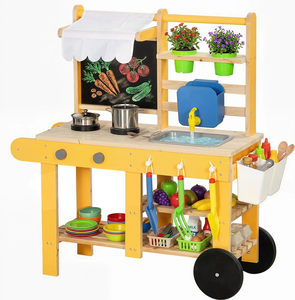 AIYAPLAY Bucătărie de jucărie exterioară din lemn cu roți Apă reală Ghivece Tablă și 15 accesorii 84,2x34,4x90 cm Galben | Aosom Romania