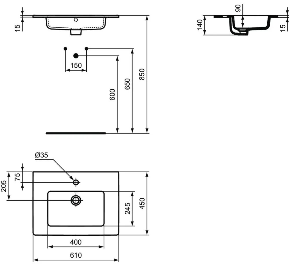 Lavoar incastrat alb 61 cm, dreptunghiular, Ideal Standard Tempo 610x450 mm