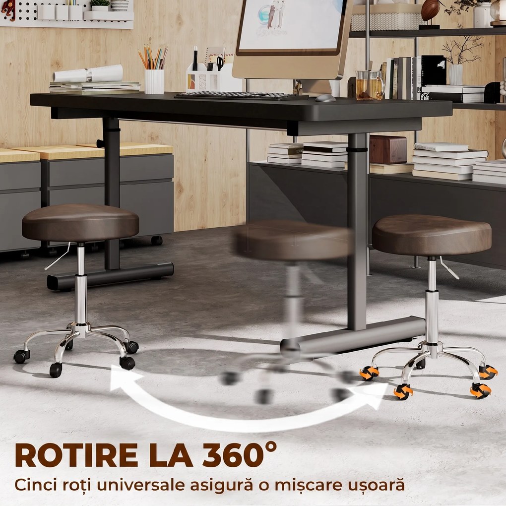 HOMCOM Taburet Rotativ cu Roți din Piele Ecologică, cu Înălțime Reglabilă, Maro | Aosom Romania