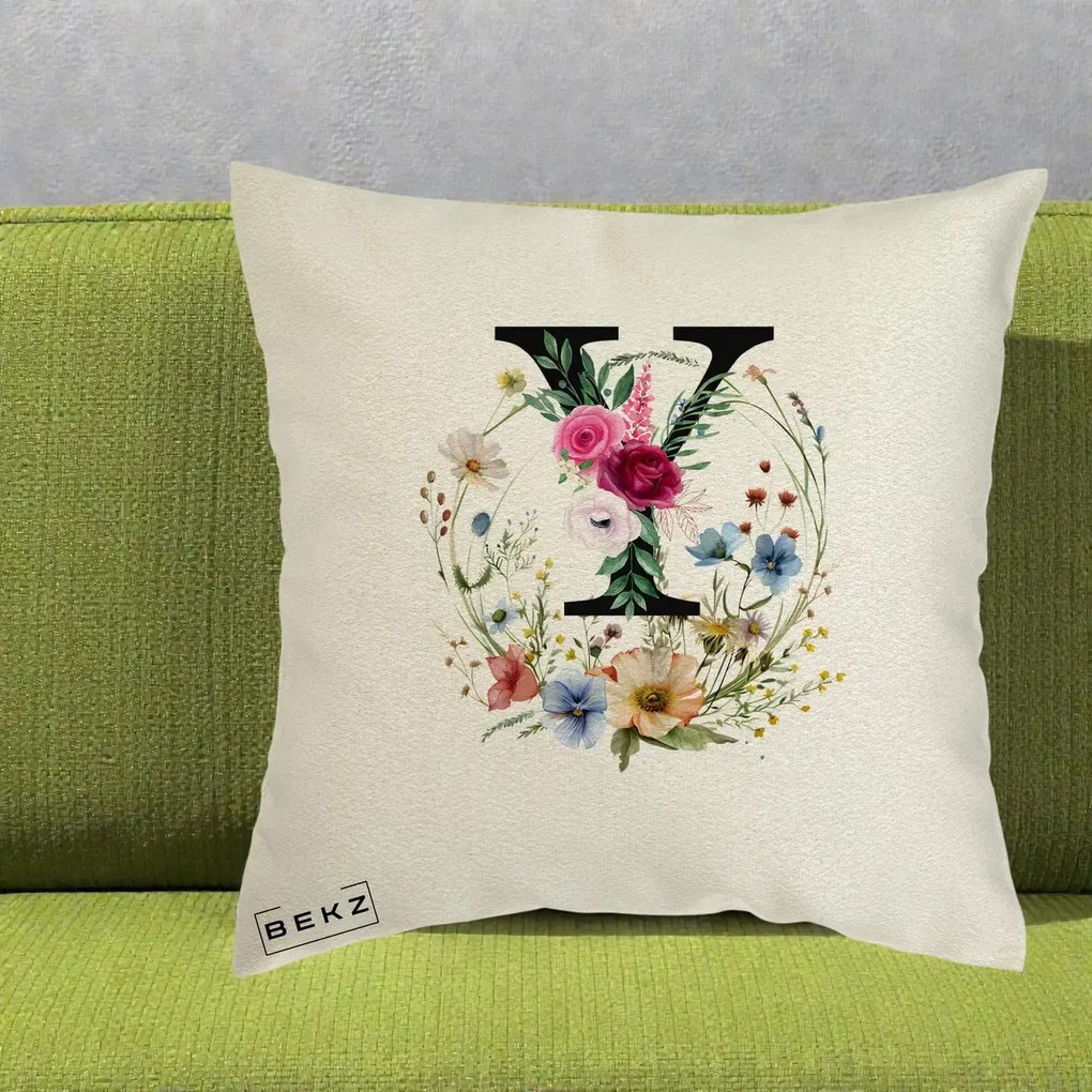 Cadou Personalizat - Perna Personalizata Monograma Florala Litera Y cu Coroana, 40x40 cm, Ecru, Husa Detasabila, Perna Inclusa, BEKZ®