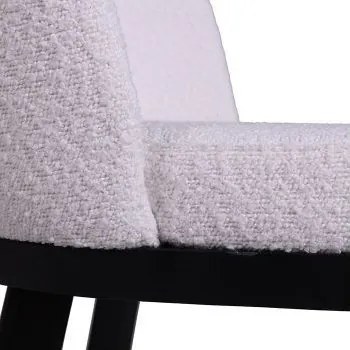 Scaun dining tapițat shabby chic din stofă bouclé și lemn de fag, alb, cu spătar rotunjit învelitor și picioare negre, 80 x 49 x 55 cm, „Amelie”