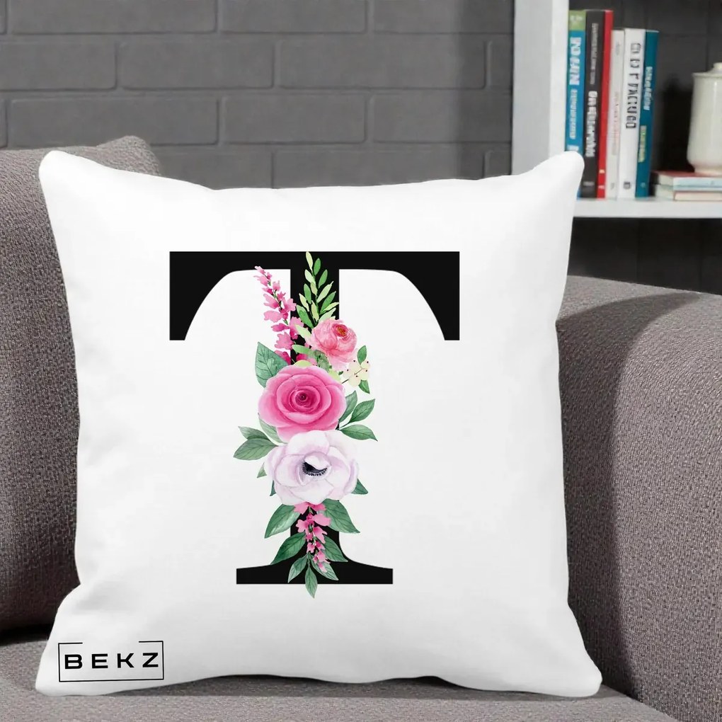 Cadou Personalizat - Perna Personalizata Monograma Florala Litera T, 40x40 cm, Alba Mata, Husa Detasabila, Perna Inclusa, BEKZ®