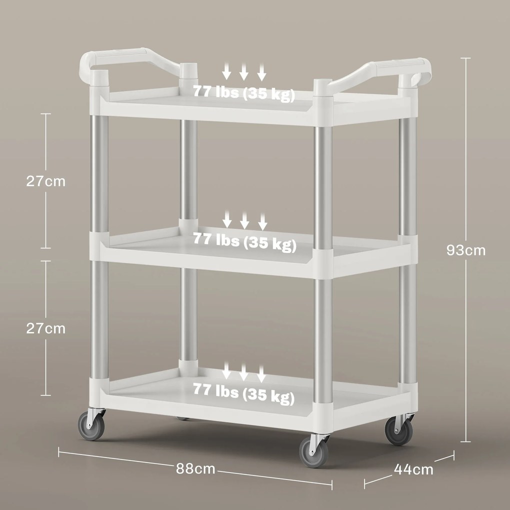 HOMCOM Cărucior de Bucătărie cu 3 Rafturi, Roți Pivotante și Suprafață Antiderapantă, 88x44x93 cm, Alb și Argintiu | Aosom Romania