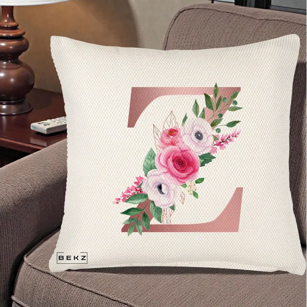 Cadou Personalizat - Perna Personalizata Monograma Rose Gold Litera Z, 40x40 cm, Crem Reliefat, Husa Detasabila, Perna Inclusa, BEKZ®