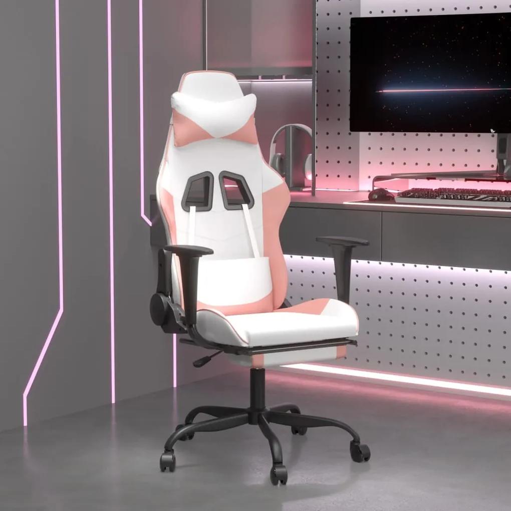 3143662 vidaXL Scaun de gaming cu suport picioare, alb/roz, piele ecologică