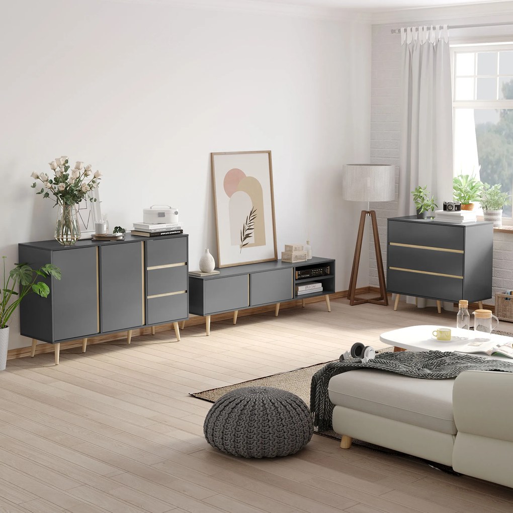 HOMCOM Mobilier TV pentru televizoare de până la 139,7 cm scandinav 2 uși 2 nișe cu treceri pentru cabluri 150 x 35 x 45 cm gri închis | Aosom Romania