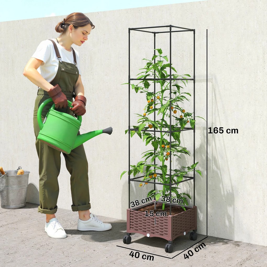 Outsunny Jardinieră Înălțată cu Spalier 20L, Pat de Grădină Înălțat pentru Exterior cu Roți Blocabile, Sistem de Autoirigare, Orificii de Drenaj pentru Plante Cățărătoare, Legume și Flori, Maro | Aosom Romania