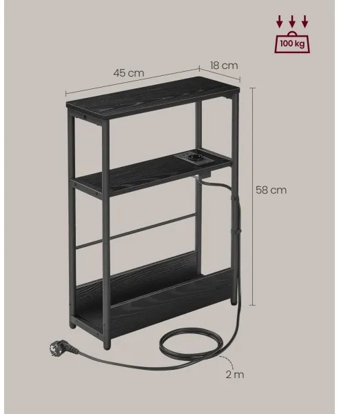 Masă laterală ROD, neagră, cu priză încorporată și porturi USB
