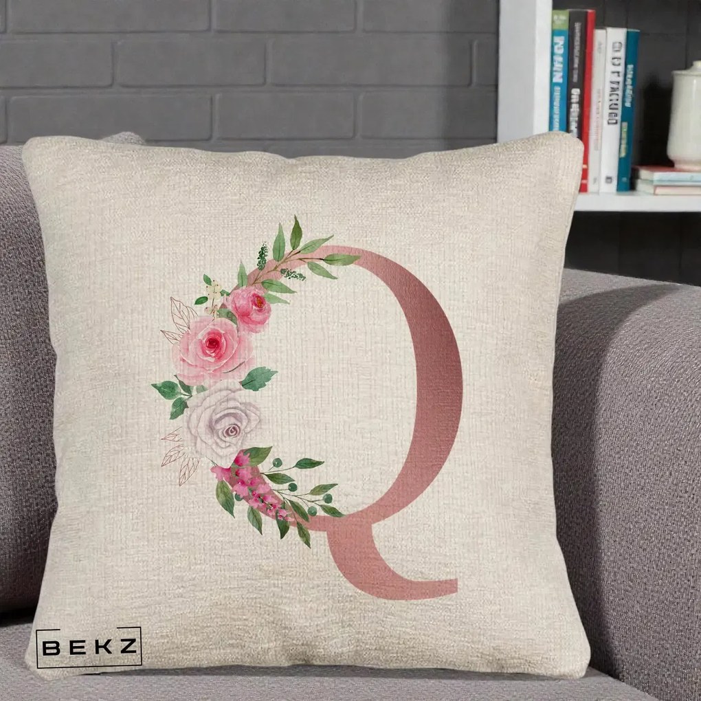 Cadou Personalizat - Perna Personalizata Monograma Rose Gold Litera Q, 40x40 cm, Bej Canapea, Husa Detasabila, Perna Inclusa, BEKZ®