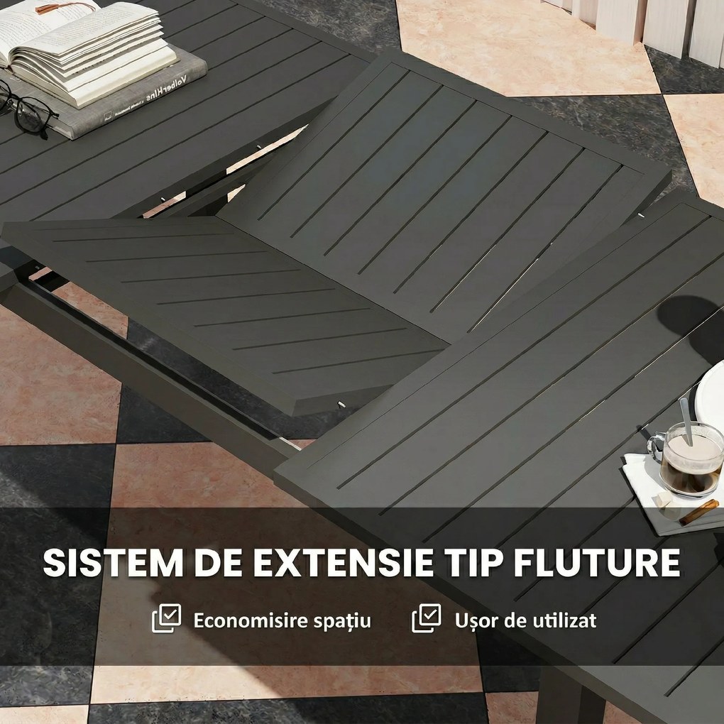 Outsunny Masă Extensibilă pentru Grădină din Aluminiu și Blat cu Șipci, 160/220x90x73 cm, Gri | Aosom Romania