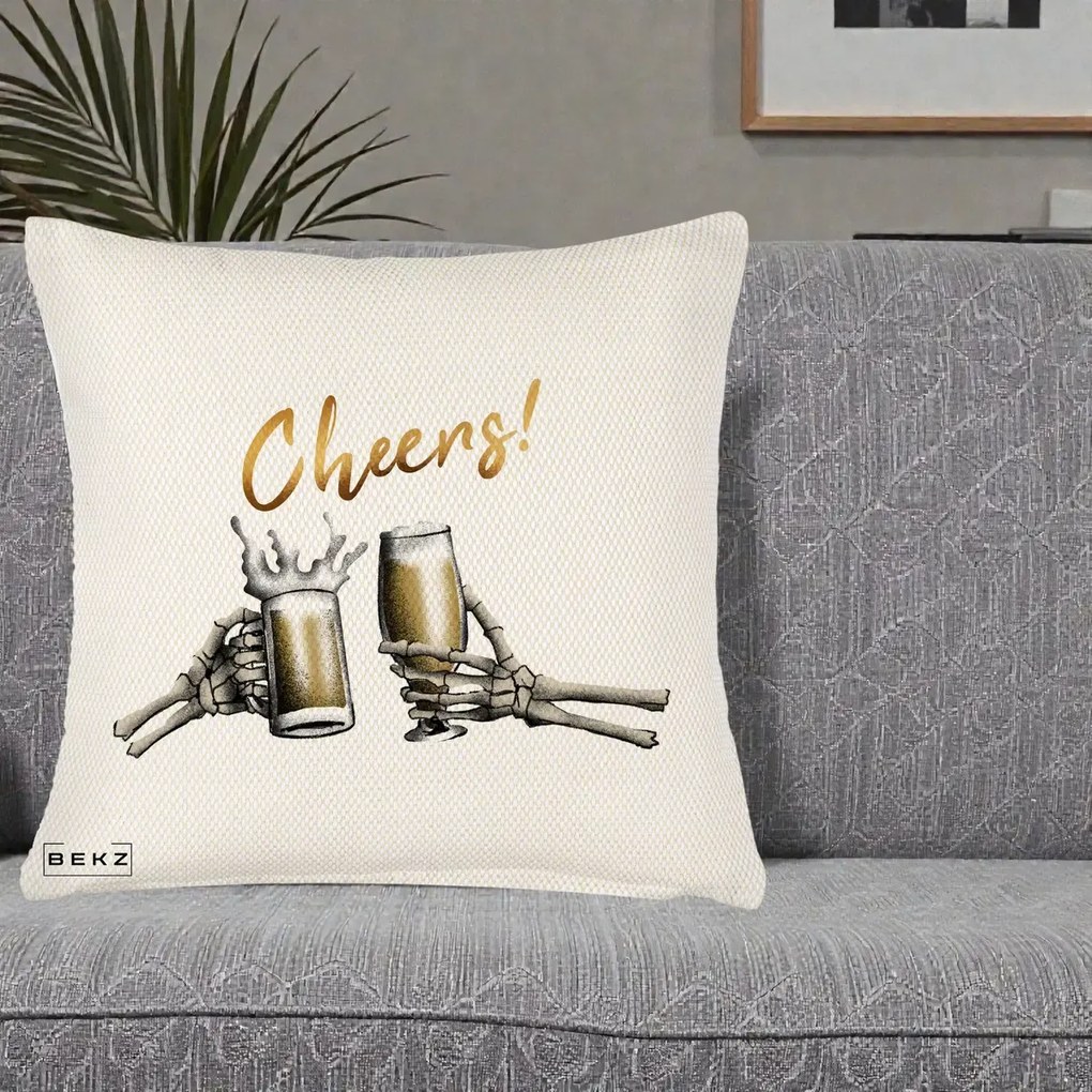 Perna Decorativa Halloween Cheers Schelete cu Bere, 40x40 cm, Crem Reliefat, Husa Detasabila, Perna Inclusa, BEKZ®