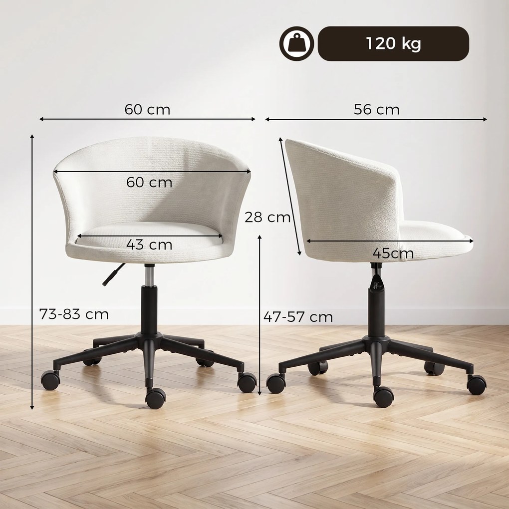 HOMCOM Scaun de birou rotativ din chenille, înălțime reglabilă, pentru machiaj, studio sau dormitor, crem | Aosom Romania