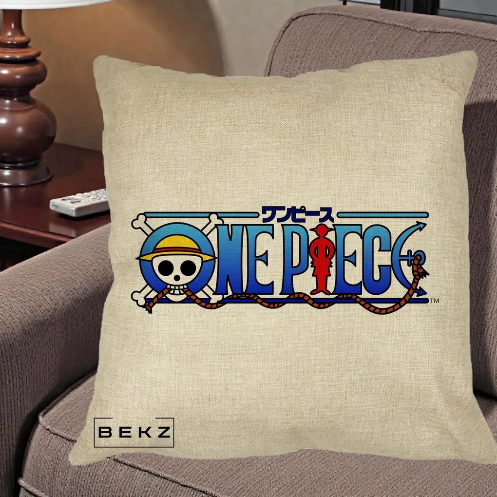 Perna Personalizata One Piece Clasic Albastru, 40x40 cm, Crem, Husa Detasabila, Perna Inclusa, BEKZ®