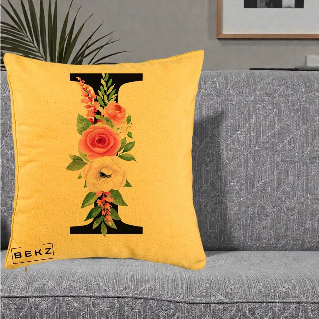 Cadou Personalizat - Perna Personalizata Monograma Florala Litera I, 40x40 cm, Galben, Husa Detasabila, Perna Inclusa, BEKZ®