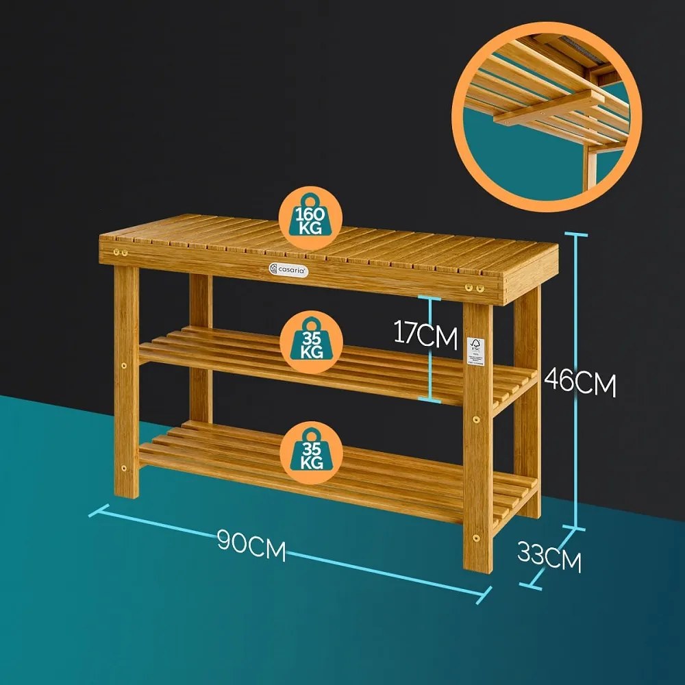 Casaria Bancă pentru hol cu spațiu pentru pantofi NINA, 90x32x46cm, maro natural