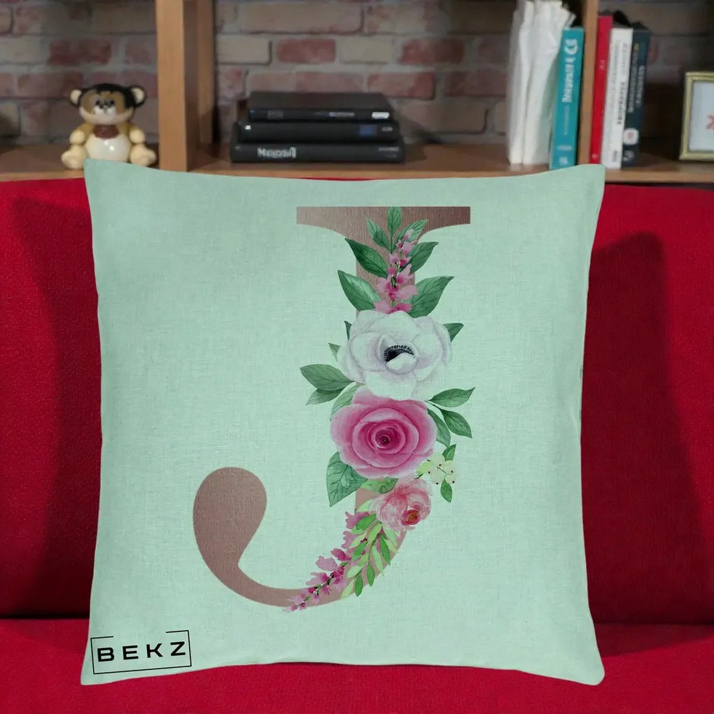 Cadou Personalizat - Perna Personalizata Monograma Rose Gold Litera J, 40x40 cm, Verde Menta, Husa Detasabila, Perna Inclusa, BEKZ®