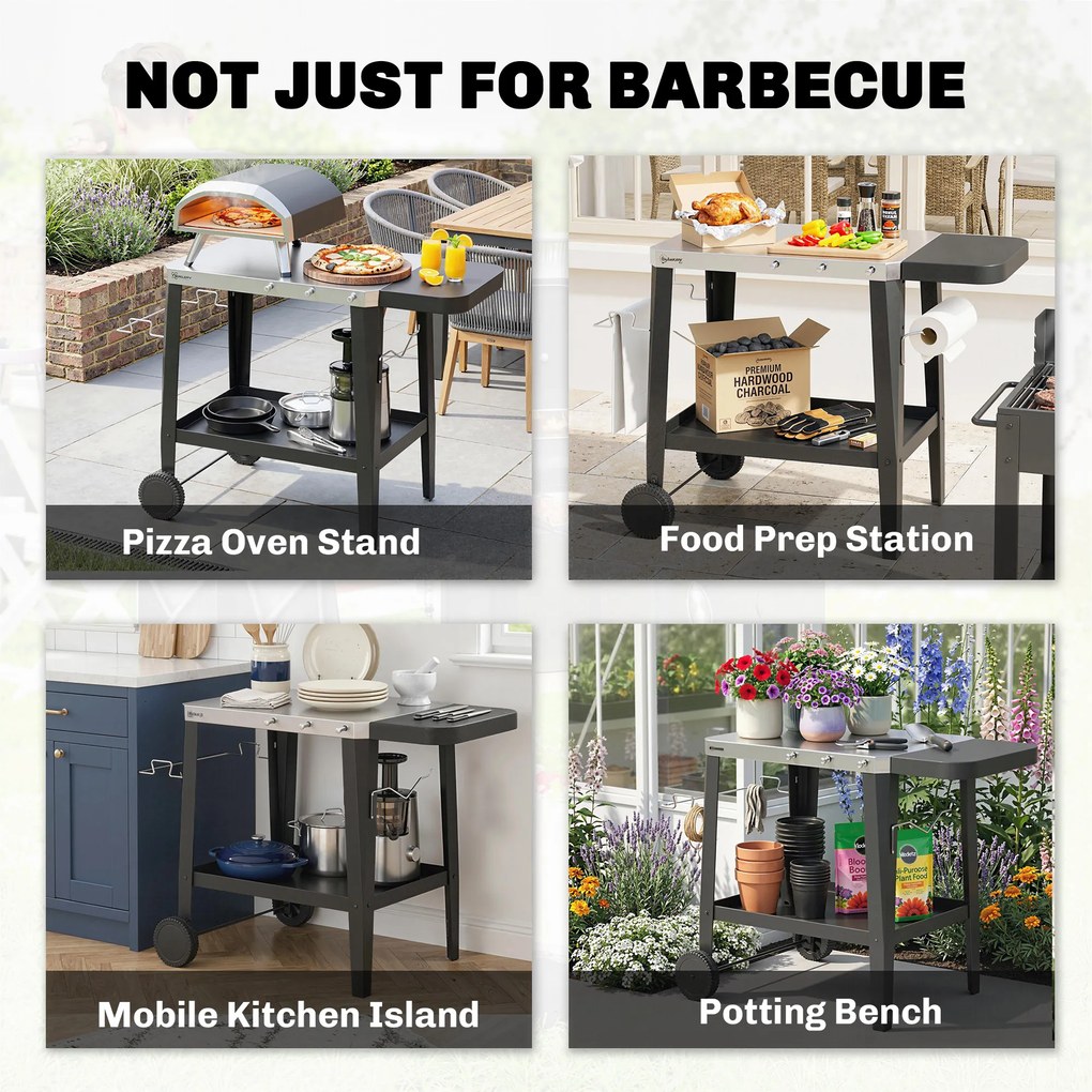 Outsunny Cărucior de bucătărie cu roți cărucior de servire cu cârlige, suport pentru role de hârtie și prosoape, oțel inoxidabil, 115 x 67,5 x 80,5 cm Negru | Aosom Romania