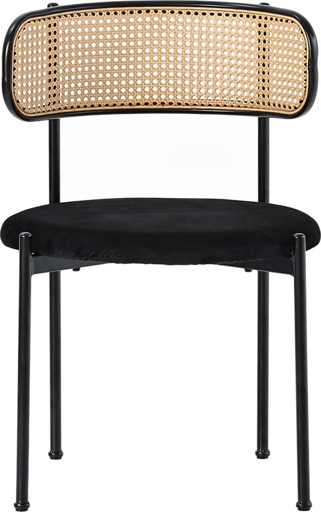 Set de 2 scaune de dining din țesătură cu efect de catifea, cu picioare din metal și spătar din ratan, 60x18x86 cm, Negru