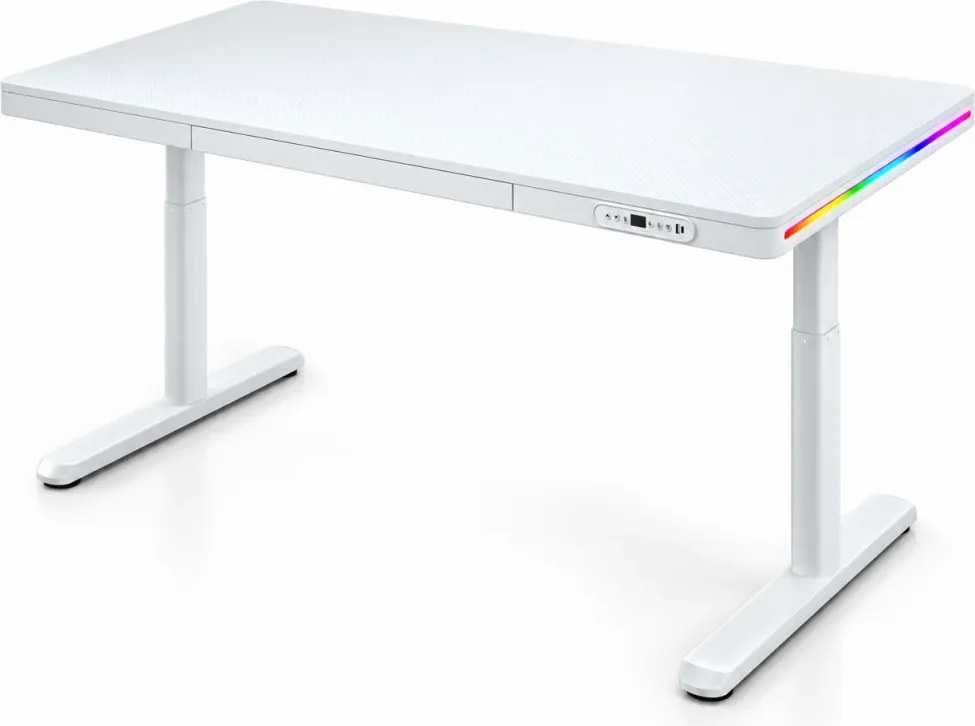 Birou Gaming Electric, Reglabil pe Înălțime 72–117 cm, 2 motoare, iluminare RGB cu telecomandă, încărcare wireless, memorie 2 poziții, sertar integrat, 160× 60 cm, Alb