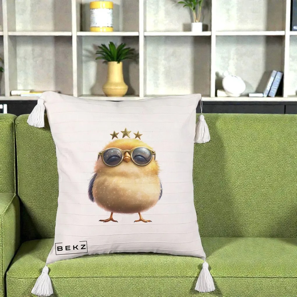 Perna Decorativa Pui Gold Star cu Ochelari Aurii, 40x40 cm, Bej cu Franjuri, Husa Detasabila, Perna Inclusa, BEKZ®
