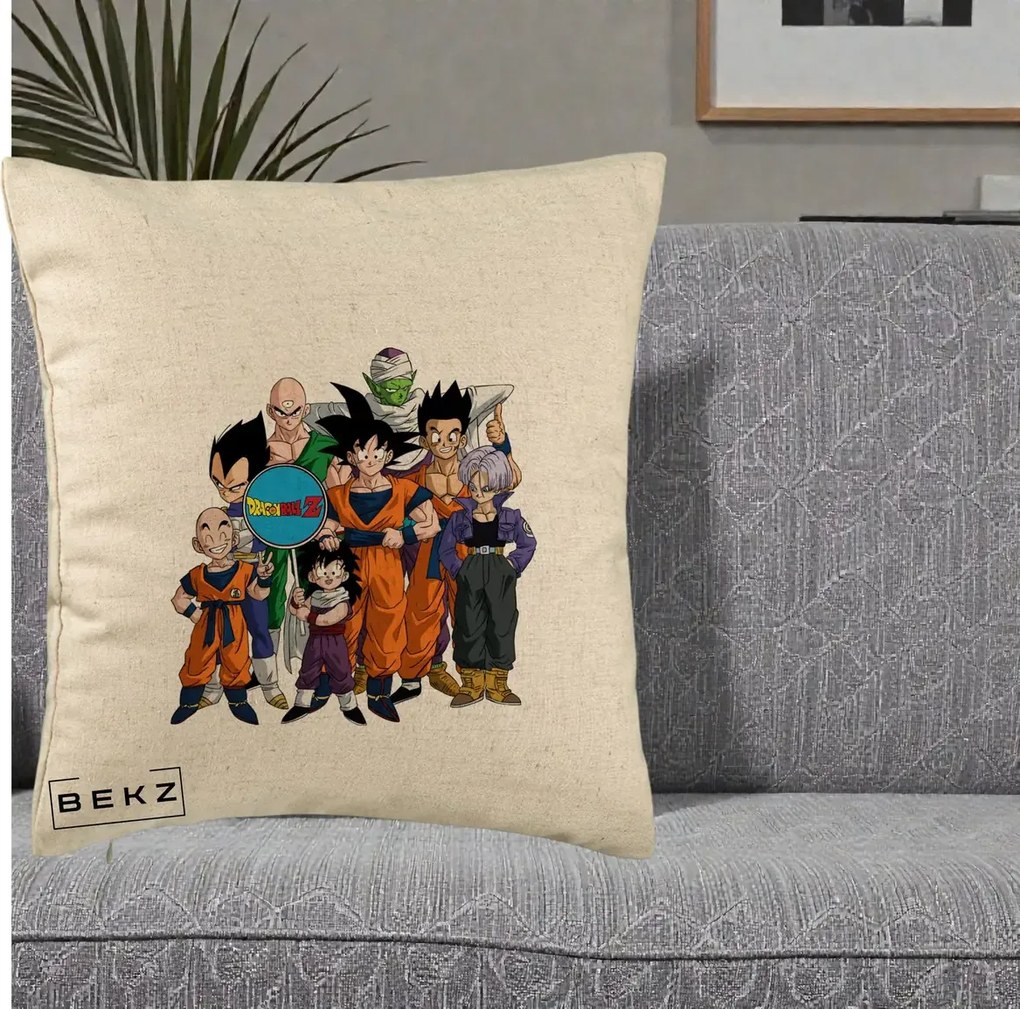 Perna Personalizata Dragon Ball Z Grup Complet, 40x40 cm, Bej, Husa Detasabila, Perna Inclusa, BEKZ®