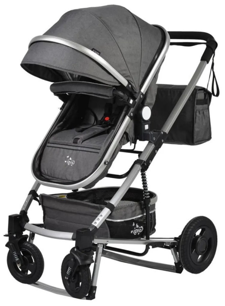Carucior nou nascuti 2 in 1 NOVOKIDS™ GIGI PRO , Cu geanta bebe inclusa, Roti din cauciuc plin AVE, Cadru aluminiu Silver, Maner reversibil, Spatar