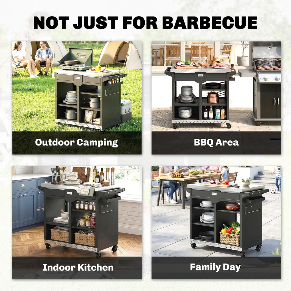 Outsunny Cărucior grătar 5-nivele Masă laterală cu suprafață de lucru din oțel inoxidabil rafturi reglabile sertar roți suport condimente suport prosoape | Aosom Romania