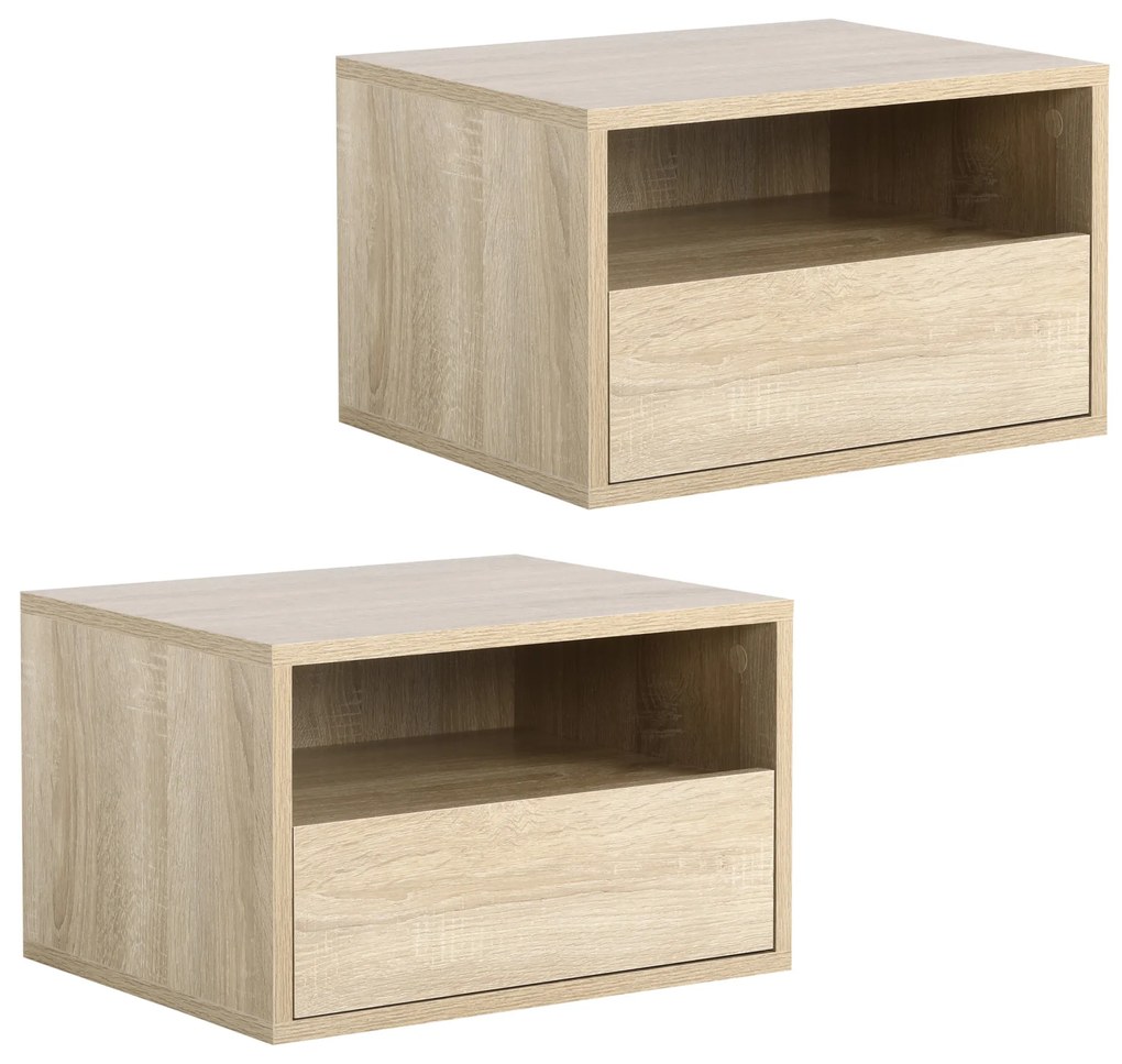 HOMCOM Set de 2 Noptiere murale, Set de 2 Noptiere, Sertar culisant, Nisa, Blat, Panouri Particule Aspect stejar Deschis | Aosom Romania
