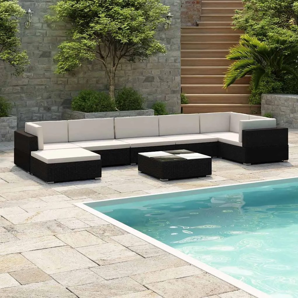 vidaXL Set mobilier de grădină cu perne, 8 piese, negru, poliratan
