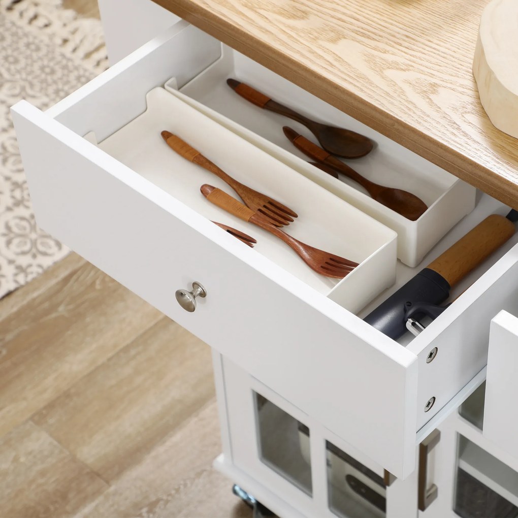 HOMCOM Cărucior de bucătărie cu roți Insulă de bucătărie cu 2 sertare 3 uși din sticlă securizată suport prosop 124,5x39,5x90 cm Alb | Aosom Romania