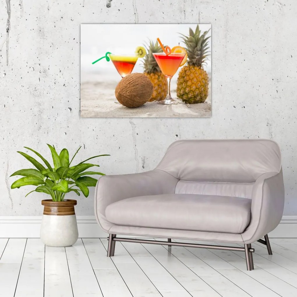 Tablou pe sticlă cu ananas și pahare pe plajă (70x50 cm)