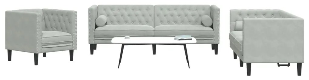 vidaXL Set canapele Chesterfield cu perne rulou, 3 piese, gri, catifea