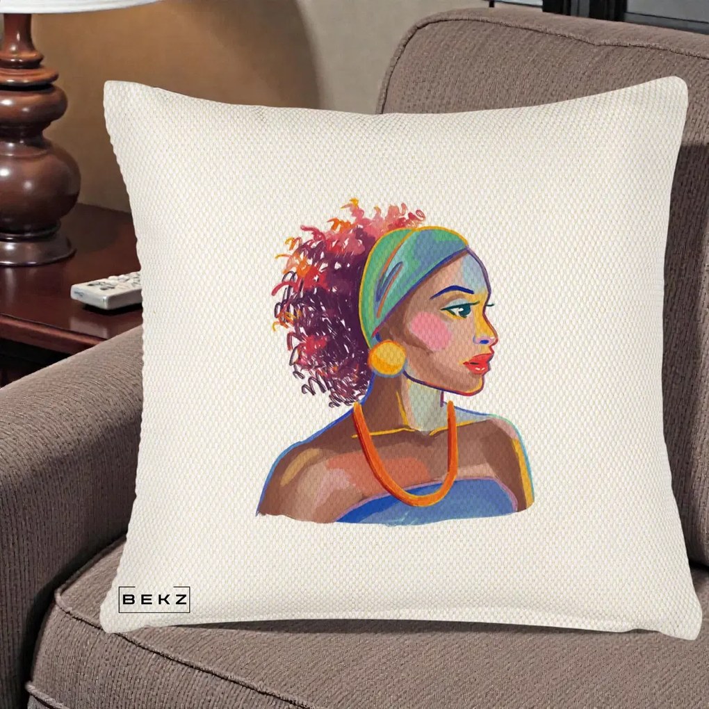 Perna Decorativa Portret Femeie Urbana Acuarela, 40x40 cm, Crem Reliefat, Husa Detasabila, Perna Inclusa, BEKZ®