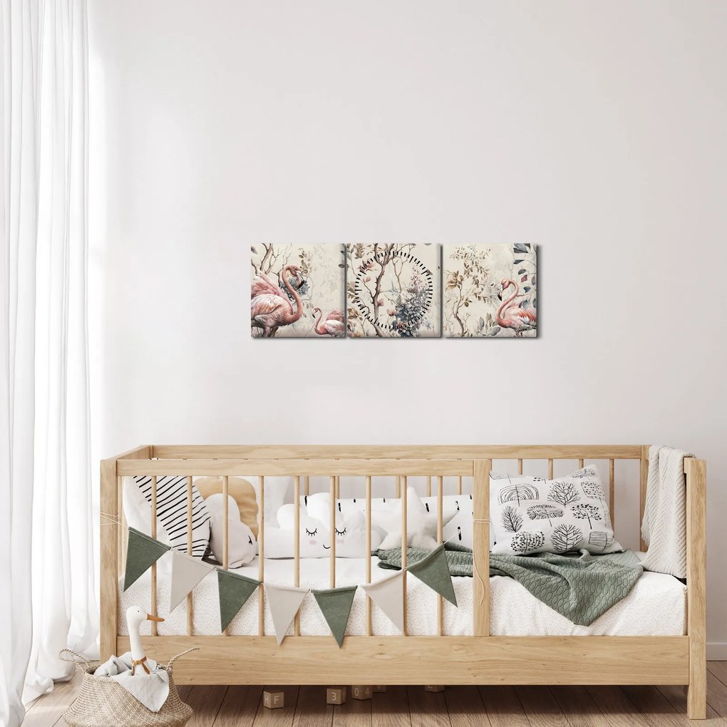 Tablou - Desen de flamingo (cu ceas) (90x30 cm)