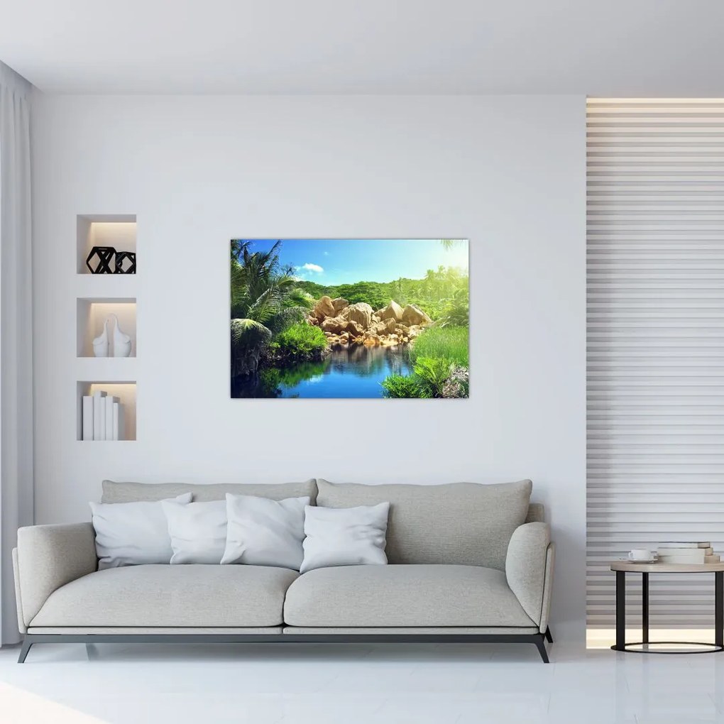 Tablou cu lac în jungla din Seychelles (90x60 cm)