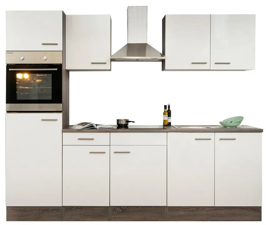 Mobilă de bucătărie Yorki cu corp din stejar Yorki, față alb satinat, dimensiune 270 cm