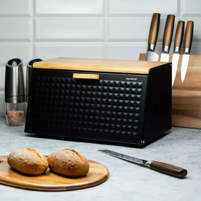 Cutie pentru paine Klausberg KB 7467, 35.5 cm, Otel, Bambus, Capac superior si frontal, Negru/Maro