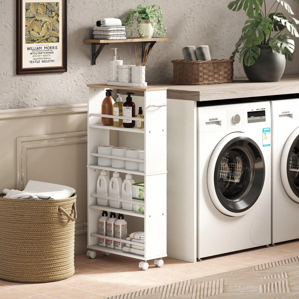 HOMCOM Raft multifuncțional cu roți, construcție îngustă, 4 compartimente, 45x15x91 cm, Lemn natural | Aosom Romania