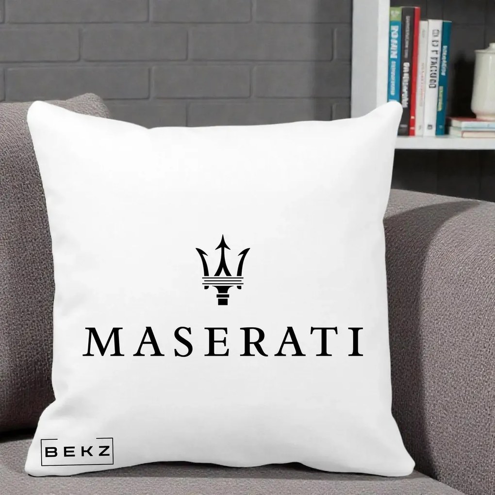 Perna Personalizata cu emblema Maserati, 40x40 cm, Alba Mata, Husa Detasabila, Perna Inclusa, BEKZ®