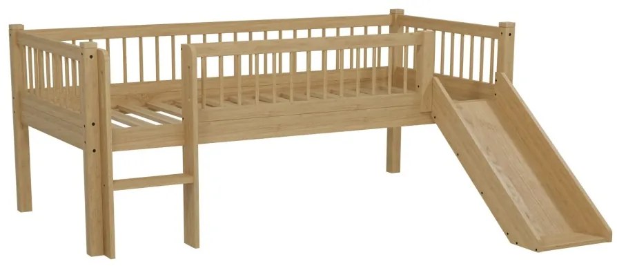 Pat Semi-Înălțat (Mid Sleeper) Forrest Oak 90x200 cm, pentru Camera Copii, din Lemn de Stejar, Natur, cu Tobogan și Sertare – Vipack