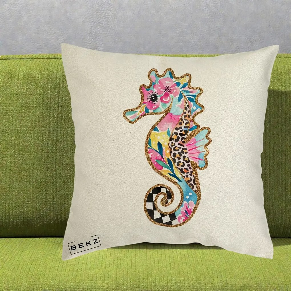 Perna Decorativa Calut de Mare Glitter Tropical, 40x40 cm, Ecru, Husa Detasabila, Perna Inclusa, BEKZ®
