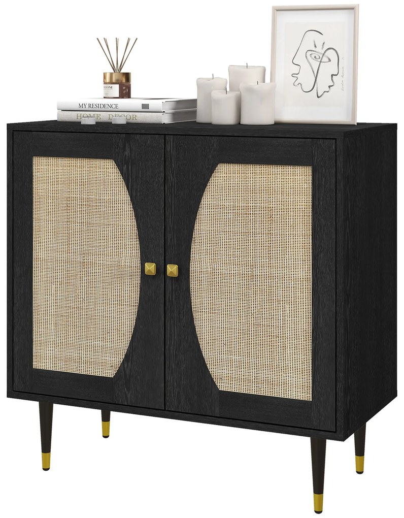 HOMCOM Bufet de bucătărie mobilier de depozitare design boem cu dublă uși și 2 nivele, fațadă din răchită 80 x 38 x 79 cm negru | Aosom Romania