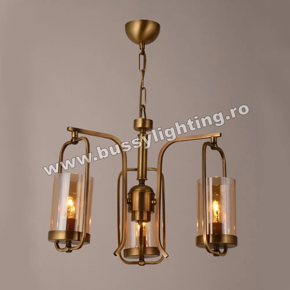 Lustra Kandil cu 3 Brate, Neo Clasic, Finisaj Bronz Antichizat, Abajur Amber - Bussy Lighting 7400-52-03