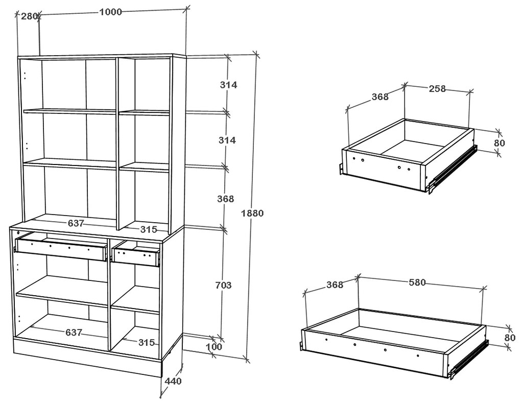 Bufet haaus Hugo, Antracit/Alb, 100 x 44 x 188 cm