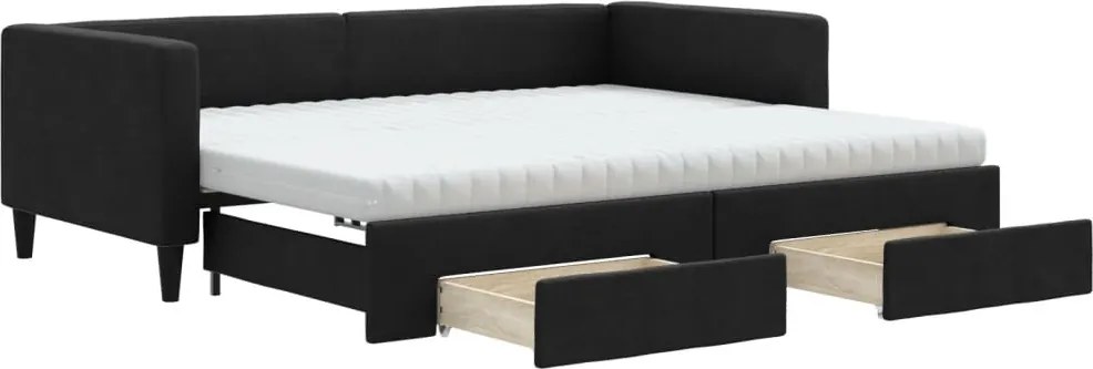 vidaXL Pat de zi cu extensie și sertare, negru, 90x200 cm, textil