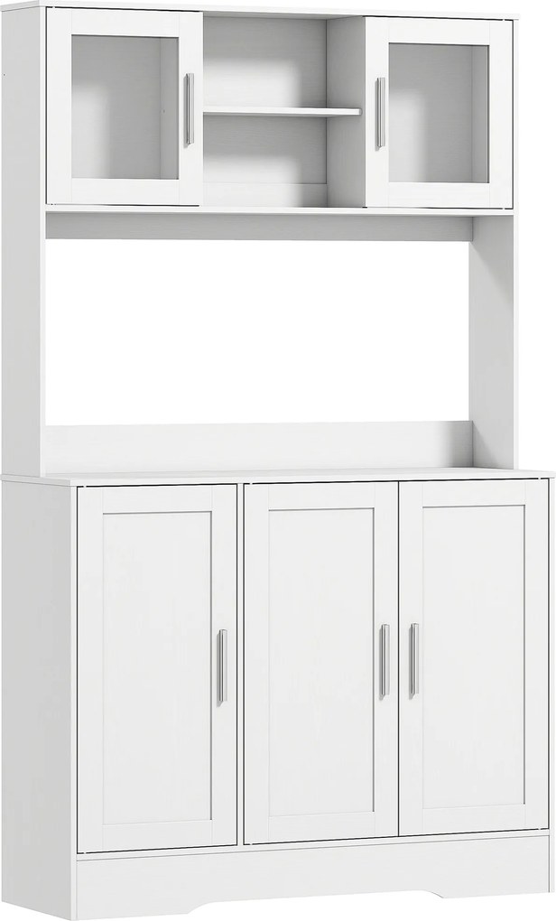 HOMCOM Dulap Bucătărie de 180cm, Dulap Înalt cu 4 Compartimente, Uși din Sticlă Securizată, 2 Rafturi Deschise, Rafturi Reglabile, Blat pentru Electrocasnice, pentru Bucătărie sau Living, Alb | Aosom Romania